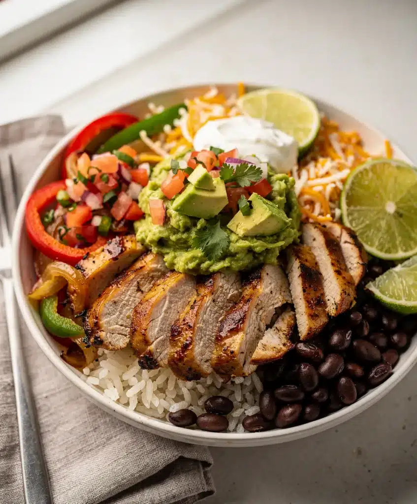 Colorful chicken fajita bowl with peppers onions rice beans and avocado