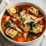 Creamy chicken tortellini soup with carrots and spinach in a rustic bowl.