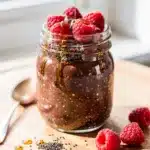 Creamy chocolate chia overnight oats with peanut butter and fresh raspberries.