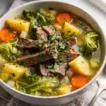 Hearty corned beef cabbage soup recipe with tender beef and soft vegetables.