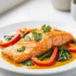 Coconut curry salmon with red peppers and cilantro in creamy orange sauce.