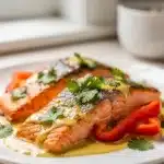 Creamy coconut curry salmon with red peppers and cilantro in a skillet