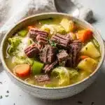 Hearty corned beef and cabbage soup recipe with tender potatoes in rich broth