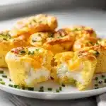 Cottage cheese egg bites baked in a ceramic tin with cheddar and chives.