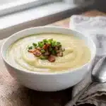Creamy potato leek soup recipe in a rustic white bowl garnished with chives