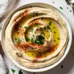 Creamy white bean hummus recipe with olive oil and herbs on rustic table