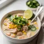 Creamy crockpot white chicken chili recipe with corn, avocado, and cornbread.