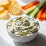 Creamy dill pickle ranch dip with fresh herbs and crunchy pickle pieces.