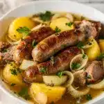 Hearty Dublin Coddle recipe with sausages pork potatoes in rich broth