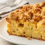 Golden brown French Toast Breakfast Casserole with crispy pecan streusel and maple syrup.