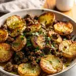 Garlic butter ground beef and potatoes skillet recipe in close up Pinterest style