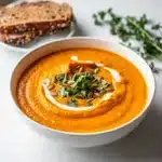 Creamy ginger carrot soup with coconut cream swirl and fresh cilantro garnish.
