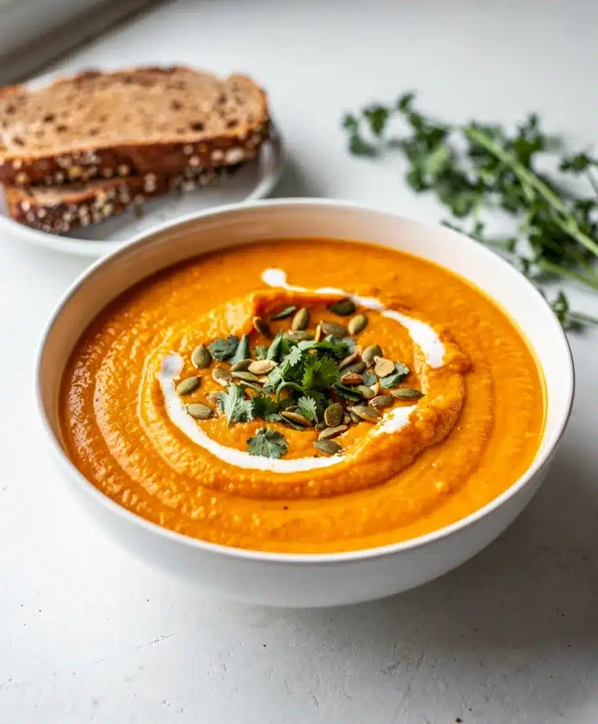 Creamy ginger carrot soup with coconut cream swirl and fresh cilantro garnish.