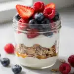 Greek yogurt parfait with honey, fresh berries, and crunchy granola layers.