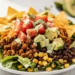 Colorful ground beef taco salad with fresh toppings and creamy cilantro lime dressing