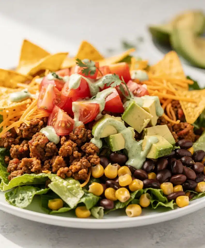Colorful ground beef taco salad with fresh toppings and creamy cilantro lime dressing