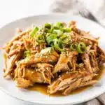 Slow cooker honey garlic chicken with glossy sauce and green onion garnish.