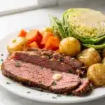 Instant Pot corned beef cabbage plated with potatoes carrots and mustard