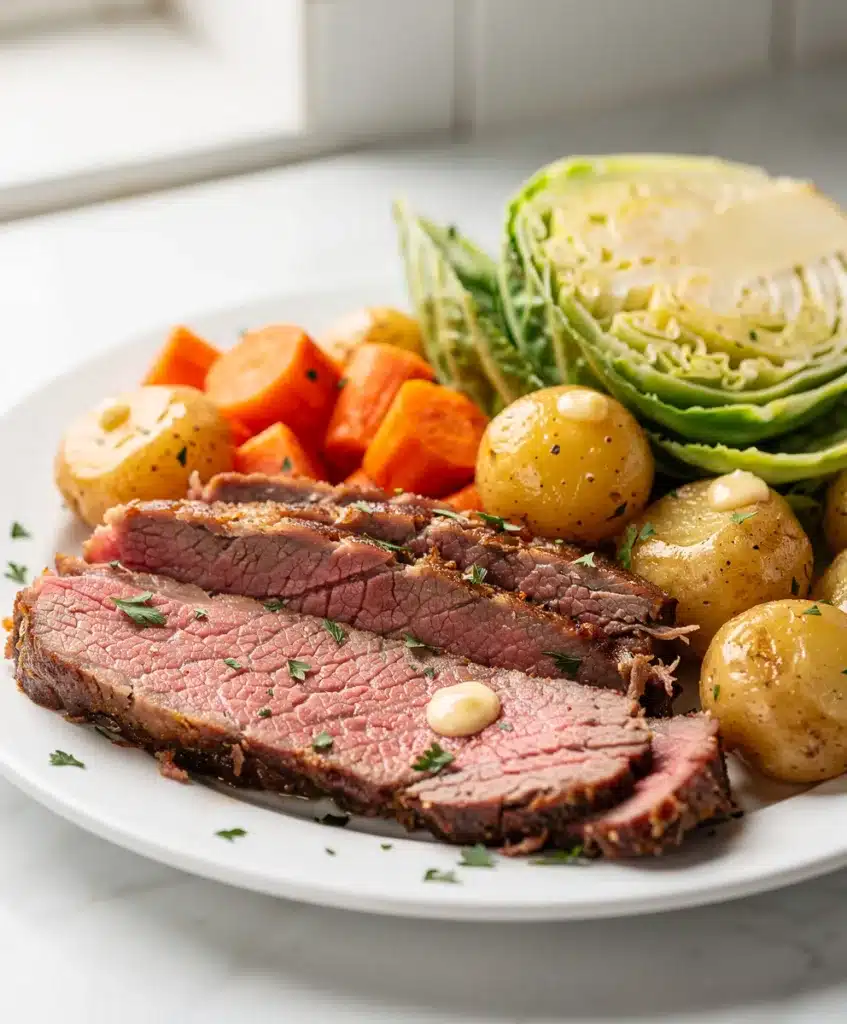 Instant Pot corned beef cabbage plated with potatoes carrots and mustard