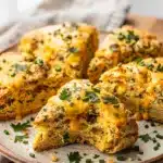 Irish cheddar herb scones with butter on a rustic wooden board.