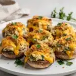 Golden brown Irish Cheddar Stuffed Mushrooms with creamy herb filling and crispy crust.