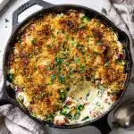 Creamy jalapeno popper dip with golden breadcrumbs and tortilla chips.