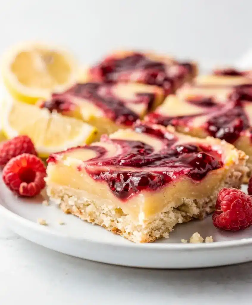 Lemon raspberry bars with powdered sugar on a rustic wooden table.