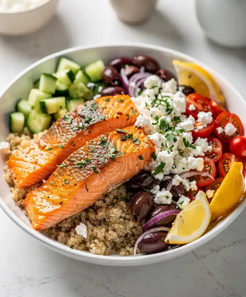 Mediterranean salmon bowls with quinoa, fresh vegetables, feta, and lemon herb dressing.