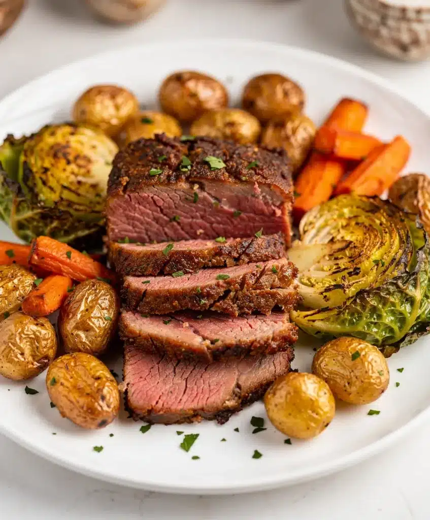 Oven roasted corned beef and cabbage recipe on a rustic wooden board
