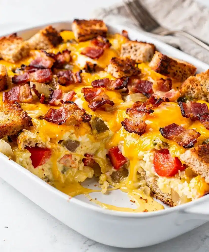 Overnight bacon egg breakfast casserole with crispy bacon and melted cheese