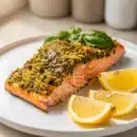 Pesto crusted salmon with crispy golden panko and parmesan topping.
