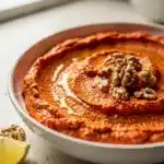 Creamy roasted red pepper walnut dip in a rustic bowl with pita chips.