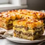 Golden slice of sausage egg hash brown casserole with crispy cheesy edges.