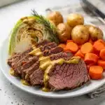 Tender slow cooker corned beef and cabbage plated with potatoes and carrots.