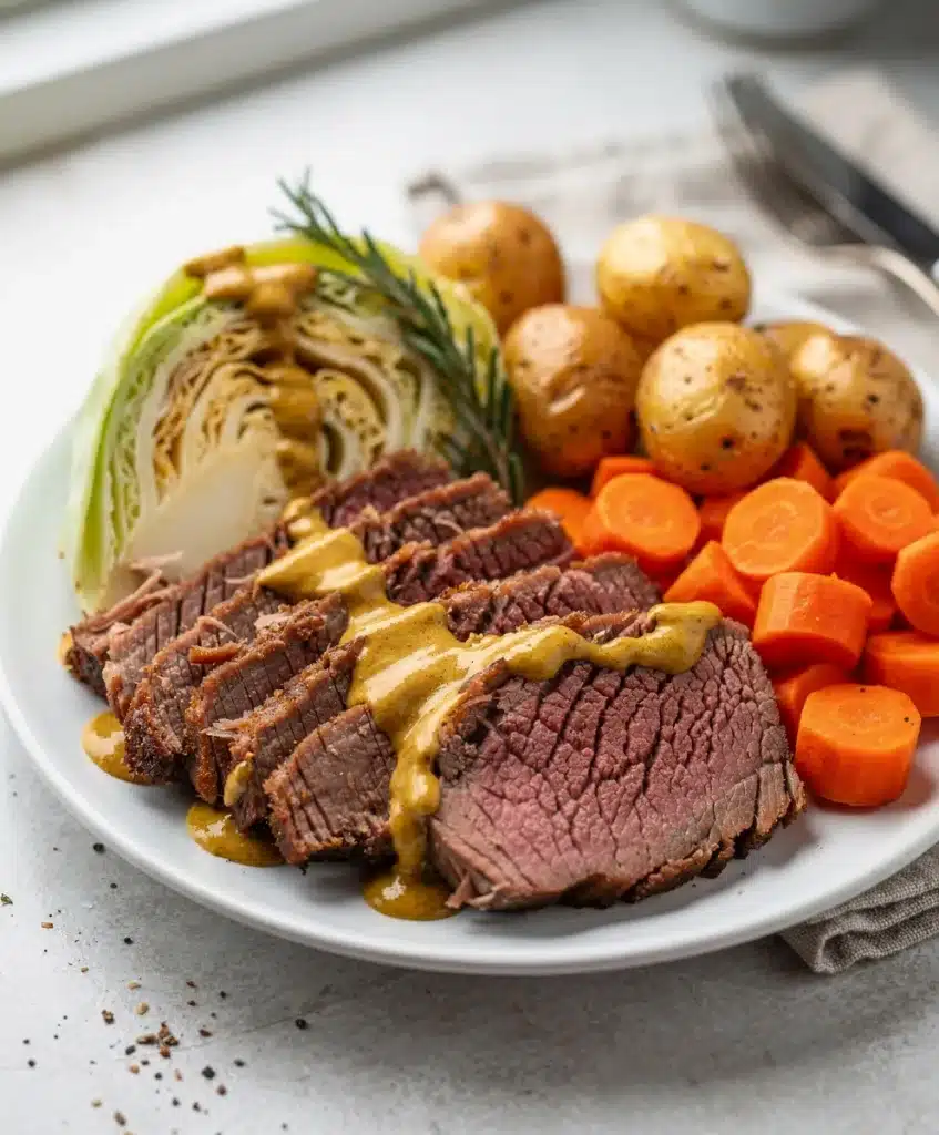 Tender slow cooker corned beef and cabbage plated with potatoes and carrots.