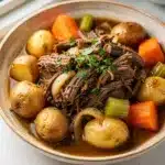 Slow cooker pot roast recipe with tender shredded beef and glossy gravy.