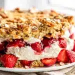 Strawberry cheesecake dump cake recipe with golden oat crumble topping.