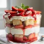 Strawberry shortcake trifle with pound cake strawberries and cream cheese whipped cream