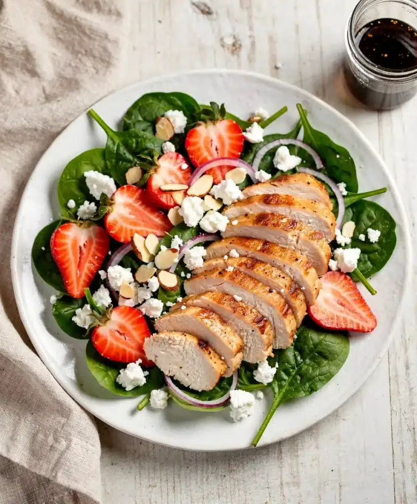 Fresh strawberry spinach salad with chicken feta and almonds on wood