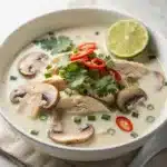 Creamy Thai coconut chicken soup with mushrooms and fresh cilantro garnish.