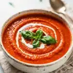 Creamy tomato basil soup with fresh basil and a wooden spoon.