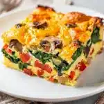 Veggie egg breakfast casserole slice with peppers, mushrooms, and melted cheese.