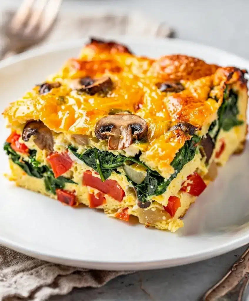 Veggie egg breakfast casserole slice with peppers, mushrooms, and melted cheese.