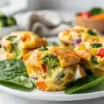 Golden brown veggie egg muffins with melted cheese on rustic white plate