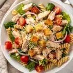 Creamy chicken Caesar pasta salad with crisp lettuce and crunchy croutons.