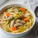 Hearty chicken noodle soup with tender chicken and vegetables in glossy broth