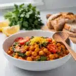 Hearty chickpea and tomato stew in a rustic bowl with fresh spinach.