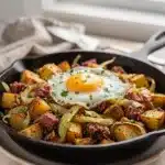 Rustic cast iron skillet of savory corned beef hash with cabbage and potatoes.