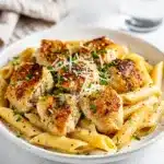 Creamy garlic chicken pasta with penne in a glossy sauce and seared chicken.