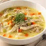 Creamy Greek avgolemono soup with chicken rice and fresh dill garnish